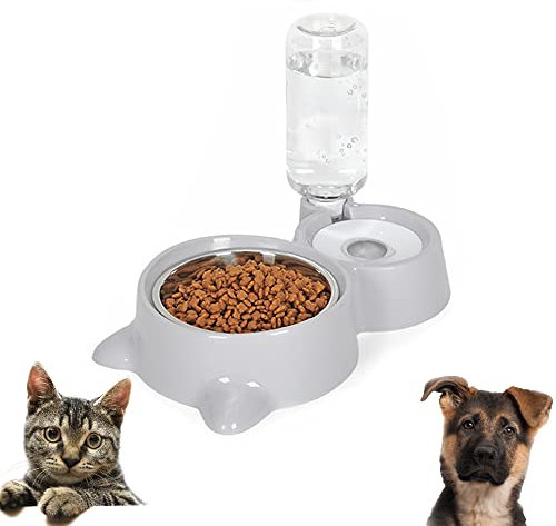Futternapf, Futternapf Hunde Katzen, Haustier Fressnapf, Automatischer Futternapf Und Wasserspender, Mit 500ml Trinkflasche, Für Hundelfür Kleine Und Mittelgroße Hunde Und Katzen, Grau