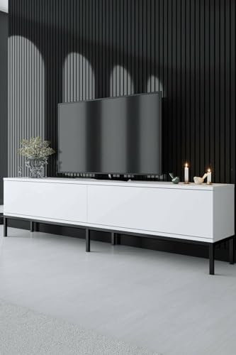 Dmora - Fernsehschrank Regulus, Ständer für Wohnzimmerfernseher, Niedriges Wohnzimmer-Sideboard, TV-Ständerbasis, 180x30h47 cm, Weiß und Schwarz