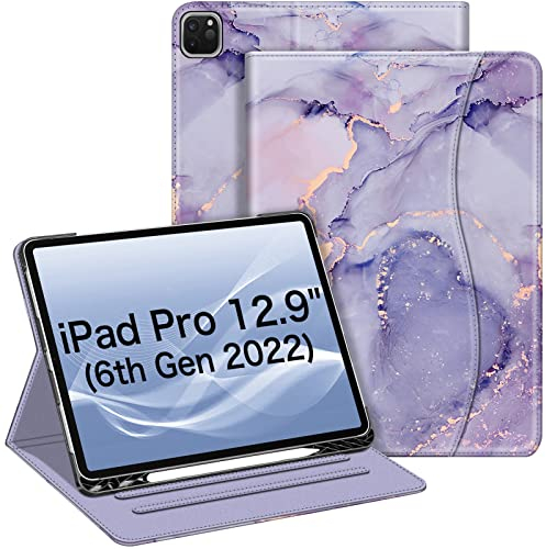 FINTIE Custodia per iPad Pro 12.9 6a/5a/4a/3a Generazione 2022/2021/2020/2018 con Pencil Holder, Multi-angli Slim Cover Case con Pocket e Auto Svegliati/Sonno, Lilla Marble