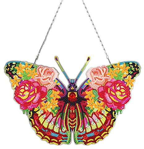 EXQULEG Diamond Painting Bunt Schmetterling Wolf und Vogel Diamond Painting Anhänger DIY Special Shaped Bohrer Kristall Anhänger Suncatcher für Fenster Garten Deko Geschenk (Schmetterling)