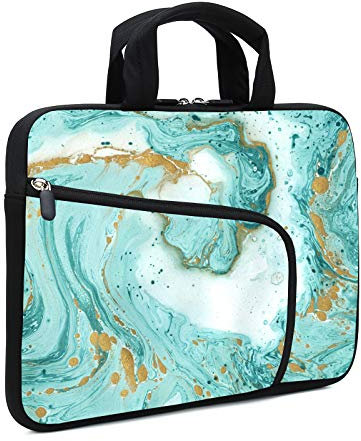 XMBFZ Laptop Sleeve for 14-15.6 Chromebook, Ultrabook & Notebook - Neoprene Case with Handle & Two Pockets (Green Marble)