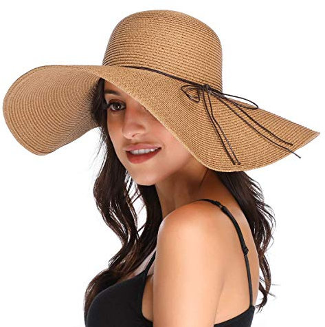 Lanzom Womens Wide Brim Straw Hat Floppy Foldable Roll up Cap Beach Sun Hat UPF 50+