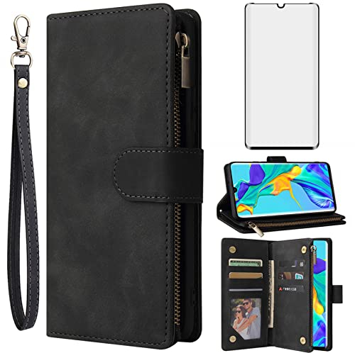 Asuwish Handyhülle für Huawei P30 Pro Hülle mit Folie Schutzfolie und Kartenfach Klappbar Leder Geldbörse Ständer Reißverschluss HuweiP30Pro Hawaii P 30 P30Pro VOG-L29 Schutzhülle Phone Case Schwarz