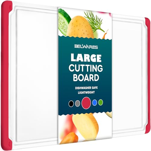 Belwares Large Plastic Cutting Board – Dishwasher Safe – Non-Slip with Juice Grooves, Easy-Grip Handles – 18 x 12 Inches, Red