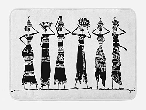 Lsjuee African Bath Mat, Sketch of Local Women Jugs Silhouettes Patterned Dresses Floor Mat Welcome Mat Bath Rugs, Non-Slip&Absorbent Front Door Mat, Black and White 16x24inch