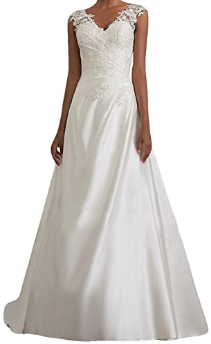 YOUCAI Women's Sleeveless V Neck Empire Waist A Line Lace Floor Length Simple Wedding Dresses Party Gowns Evening Dress Bridal Gown