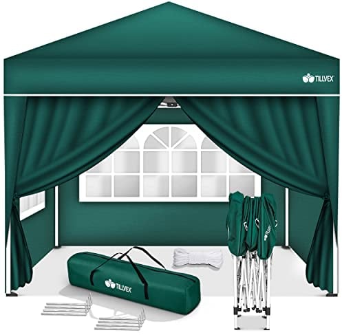 tillvex Pavillon 3x3m wasserdicht mit 4 Seitenteilen + 4er Set Sandsäcke | Pop-Up Faltpavillon stabil & höhenverstellbar | Gartenzelt UV Schutz 50+ | Partyzelt mit Tasche für Garten, Grün
