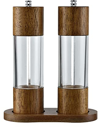 Macina sale e pepe in cristallo acrilico e legno con vassoio, set combinato di macinini in legno e acrilico, macinino regolabile in ceramica a grana grossa (con vassoio, 15,2 cm)