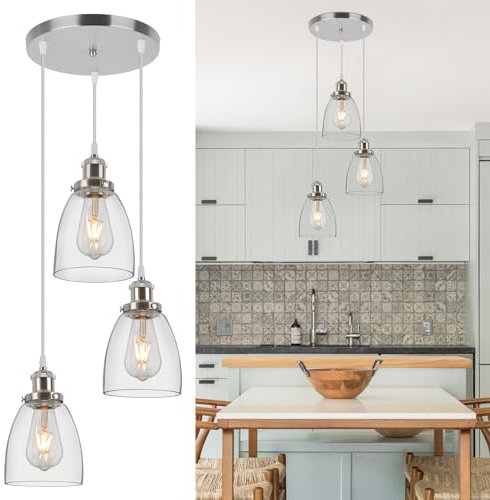 FORCOSO Industrial Glass Pendant Light, 3-Light Cone Shade, Brushed Nickel, Warm White, 1800 Lumen, 180W, Indoor, Kitchen, Bedroom, Living Room