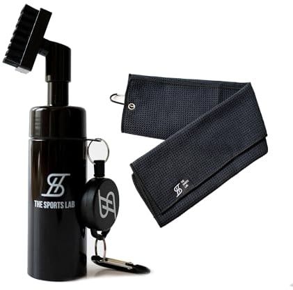 The Sports Lab Golf Club Cleaner Kit- Including Golf Club Cleaner Brush Bottle with Built-in Spray, Golf Towel with clip - Portable Golf Trolley Accessories for Men