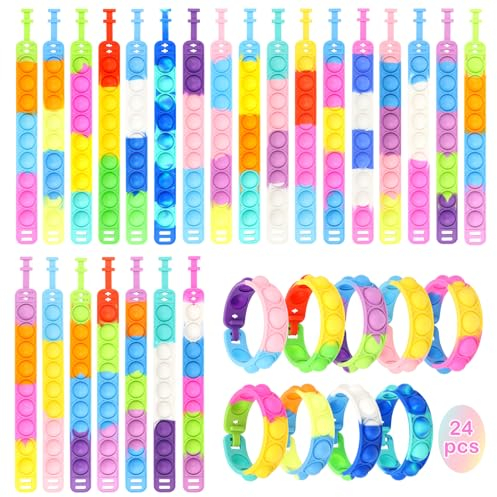 24 Pezzi Arcobaleno Bracciale in silicone,Braccialetto Pop Giocattoli,set da gioco con bracciale in gomma,Push Bubble Bracelets Fidget Toys per Bambini Adulti Ansia Sensory Braccialetti