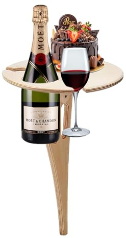 Topyond Tragbarer Klappbarer Weintisch, Outdoor, Garten, Rasen, Picknick, Tragbares Weinregal, Holz-Weinregal, Runder Tisch