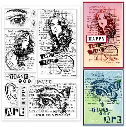 GLOBLELAND Retro Frau Grunge Hintergrund Transparente Stempel Für Kartenherstellung Vintage Dame Transparente Silikon Stempelsiegel Silikonstempel Für DIY Scrapbooking Fotoalbum