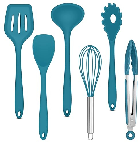 Joyfair Küchenutensilien Set, 6 Stück Silikon Küchenhelfer Kochbesteck Set, Blau Antihaft Pfannenwender Küchen zum Kochen & Backen, Hitzebeständiger & Lebensmittelqualität, Spülmaschinenfest