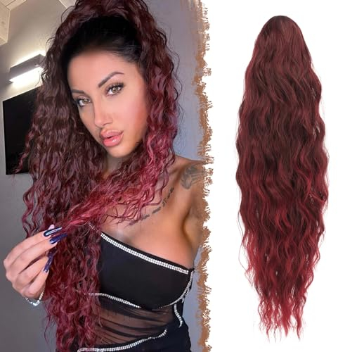 FESHFEN Lange Zopf Pferdeschwanz Haarextension mit kordelzug Lang Wellig Lockig Synthetik Haarverlängerung Natürliches Clip in Haarteil Kunsthaar Ponytail für Damen Schwarz und Burgund Tipps