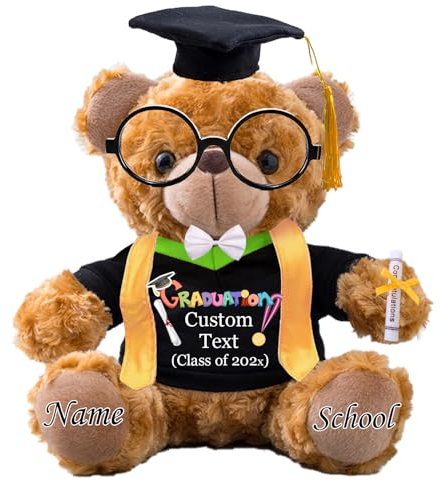 JABECODIFA Graduation Teddy Bear 2025 with Graduation Stole and Glasses, Personalised Graduation Gifts for Him & Her with Text, Bear with Bow as College Graduation Gift for Girls/Boy (8 IN-Text)