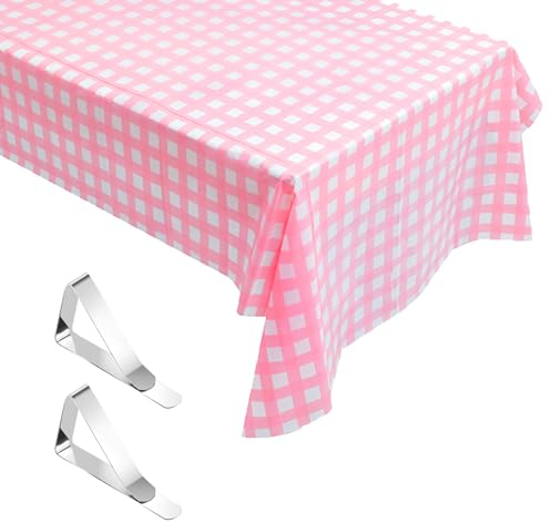1 nappe à carreaux roses et blancs avec 2 pinces à nappe - Nappe épaisse et imperméable - Nappe de décoration de table à manger - Convient pour les pique-niques, les réunions, les fêtes