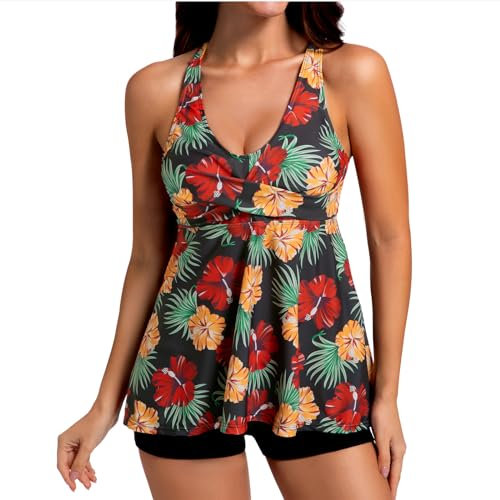 JONRRYIN Tankini Maillot de Bain Femme, 2 Pieces Maillot de Bain Femme, Sexy Push Up Tankini avec Short (FR/ES, Alpha/Lettres, Grand, Taille Normale, Taille Normale, Fleur Jaune)