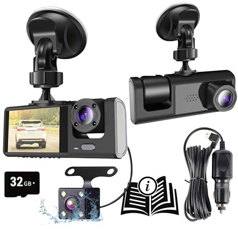 Dash Cam, 3 Channel Dashboard Camera Front Inside Rear with 32G card 170° Wide-Angle Lens, Loop Recording Dashcam Infrared Night Vision G-Sensor Motion Detection by TradeProvider®