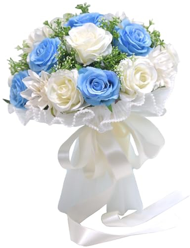 MINGZHE Bouquet da Sposa per la Sposa, Fiori di Rose Artificiali, Bouquet da Sposa per Damigella D'onore, Bouquet da Sposa, Decorazione per Feste in Casa(bianco blu)