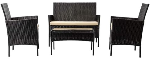 Nustone Rattan Garden Furniture Patio Bistro Set, 2 Seater Sofa, 2 Chairs with Cushions and a Coffee Table, Perfect for Gardens, Cafes and Terraces (Black)