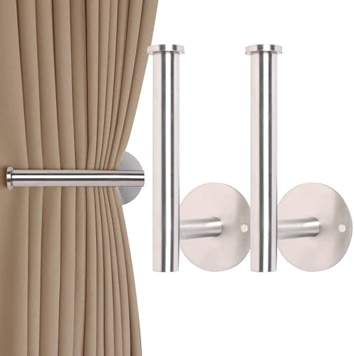 2 Pack Self-Adhesive or Drilling Curtain Holdbacks, No-Drill Metal Curtain Tie Backs with Adhesive, Wall-Mounted Drapery Hooks & Holders for Living Room & Bedroom Curtains (2, Silver)