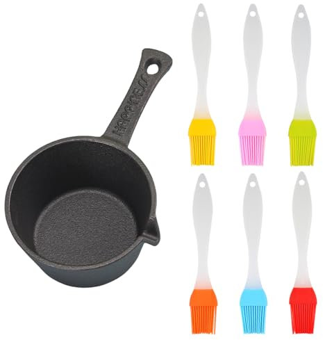 HyzaPhix Cast Iron Sauce Pot and Silicone Basting Brush Set for Grilling, BBQ, Kitchen Cooking, Barbecue Smoker Gift for Men (With Silicone Brush)