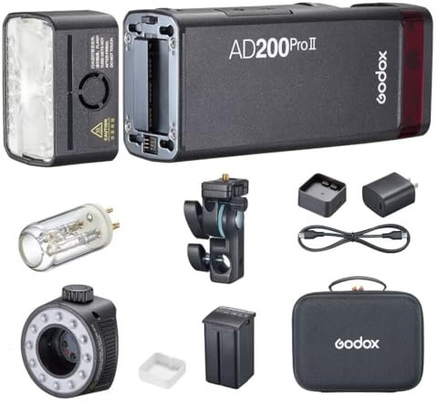 Godox AD200Pro II AD200 Pro II Camera Flash Speedlight 200Ws Led Video Light,TTL 2.4G,HSS 1/8000s,500 Full Power Flashes,for Sony Canon Nikon Fuji Olympus Cameras (AD200 AD200Pro Upgraded)