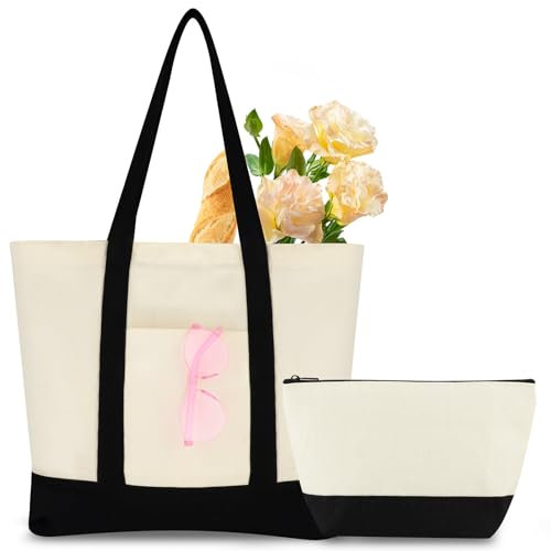 Canvas Beach Bag for Women with Makeup Bag, DIY Personalized Blank Tote Bag with Zip, Large Capacity Shopping Bag Travel Bag Reusable Shoulder Bag Handbag for Holiday Picnic Shopping (Beige)