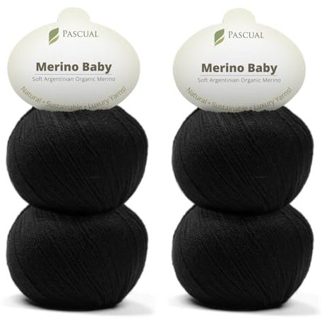PASCUALI Merino Baby|Strickwolle aus 100% Schurwolle aus Merino, Merinowolle zum Stricken und Häkeln, SET: 4 Knäuel - 200 g, Farbe: Schwarz 326