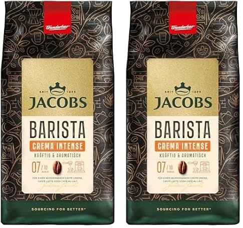 Jacobs Barista Crema Intense Kaffeebohnen 1kg – Intensiv, Dunkle Schokolade & Pekannüssen, Arabica & Robusta Bohnen, Intensität 7/10, ideal für Café Crema (Packung mit 2)