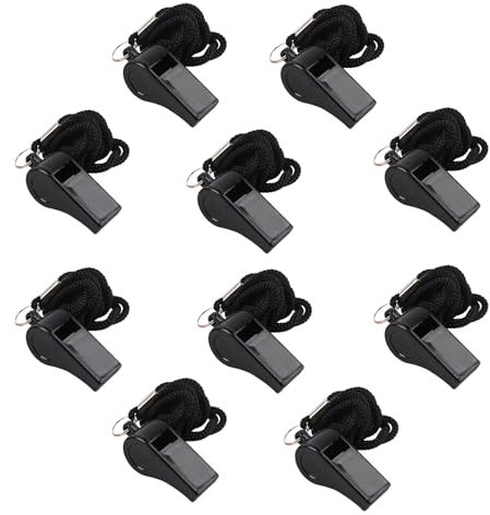QiXinGYL Lot de 10 sifflets en Plastique pour Arbitre avec Cordon, sifflets de Sport pour Enseignants de Football, entraîneurs, Survie, Camping, Sauvetage, fête (Noir)