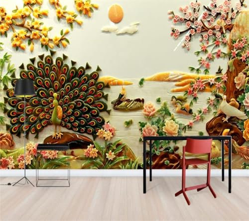 XLMING Sculpture En Jade Paon Canard Mandarin Fleur Soleil 3D Papiers Peints Maison Salle à Manger Bureau D'étude Canapé Chambre Salon TV Mur-430cm×300cm