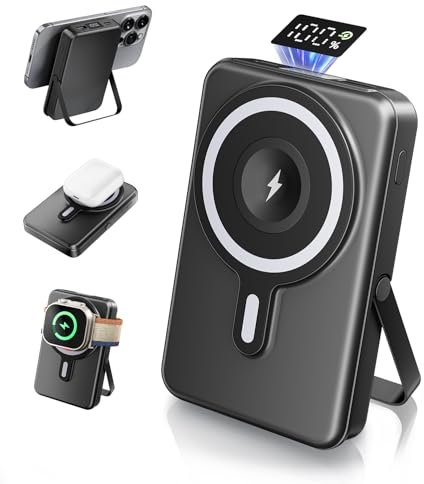 Vunzo Batería externa 3 en 1 para iPhone para batería externa magnética de 10.000 mAh PD22.5 W QuickCharge para banco de energía magnético con pantalla LED plegable para iPhone 8-16 para Apple Watch