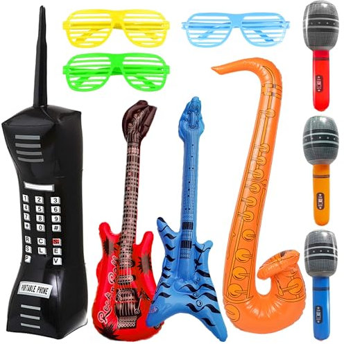 Set di 10 palloncini gonfiabili, strumenti musicali gonfiabili, per chitarra, microfono, sassofono, cellulare, rock star toy per concerti, danza degli anni '70, 80