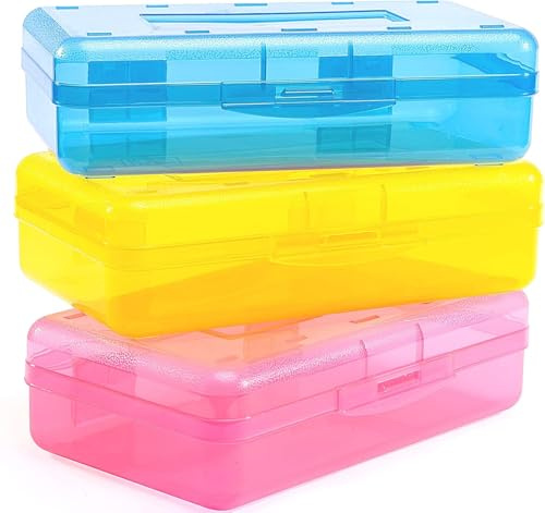 RETZLA 3 Pack Pencil Case, Large Clear Pencil Box, Bulk Crayon Box Marker Pen Organizer, Plastic Storage Container with Snap-Tight Lid, Stackable School Art Supply and Bead Craft Organizer