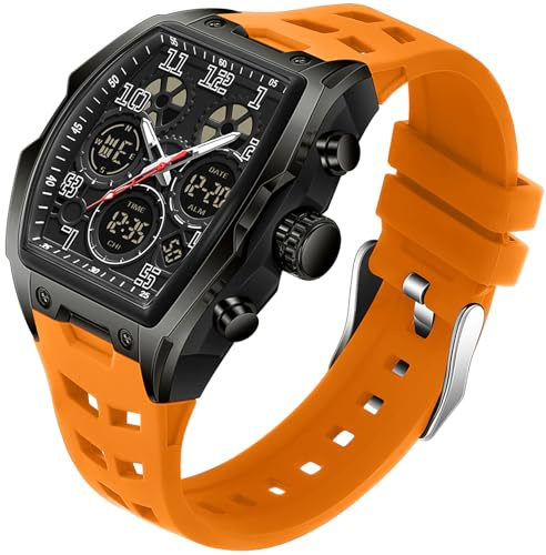 findtime Herren Armbanduhr Große Rechteckige Herrenuhr Sportlich Chronographen Datum Wasserdicht Militär Designer Uhren fur Männer Orange Silikonband