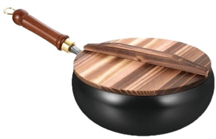Padella antiaderente, padella in ferro, wok per friggere con manico in legno, padella non rivestita fatta a mano con coperchio, pentole a induzione a fondo per cuocere in
