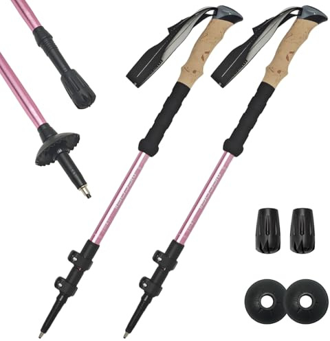 Wanderstöcke Faltbar Damen & Herren, 2er Trekkingstöcke Ultraleicht 240 g, 7075 Aluminium mit Korkgriff, Verstellbar 62–135 cm für Wandern Trekking Camping Pink