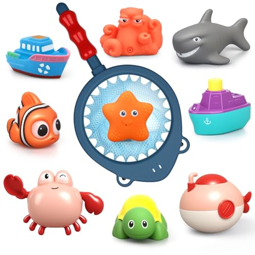 10 Stück Badespielzeug für Kinder, Wasserstrahler für die Badewanne, Aufziehspielzeug für den Swimmingpool, schwimmende Meerestiere für Jungen und Mädchen, Wasserspritzspiel mit Fischernetz