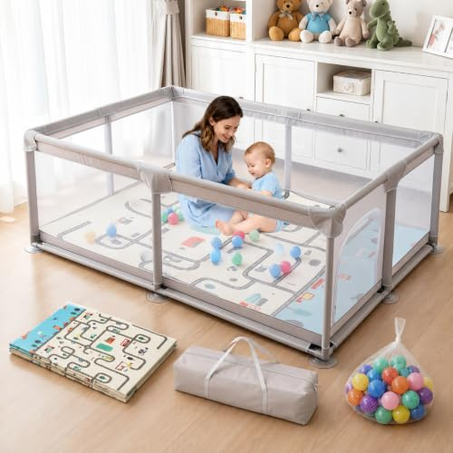 Truevaste Laufstall Baby mit Matratze & 50 Bällen 180x200cm für 2–3 Kinder | XXL Laufgitter 600D Oxford, Atmungsaktivem Netz, 8 Rutschfesten Saugnapf-Füßen, Playpen für Große Wohnräume & Familienraum
