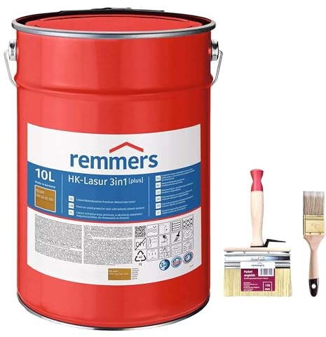 RemmersSet HK-Lasur 3in1 Plus + Pinsel Bandloo Set – Holzlasur für Außenbereich: Imprägnierung, Grundierung & Lasur in einem, Schutz vor Feuchtigkeit & UV-Strahlung, Varnish (Eiche hell, 10 L)