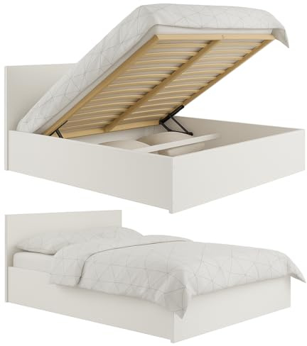 roe furniture Doppelbett 120x200cm, Stauraumbett mit Bettkasten & Birkenholz Lattenrost, Robustes Bett mit Kopfteil, Bettgestell aus Schichtstoffplatte, mit Matratze, Weiß