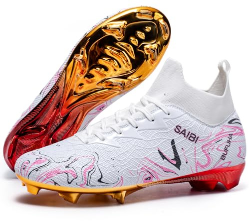 Eestfy Botas de Fútbol FG Hombre y Mujer Diseño de Caña Alta Tacos Antideslizantes Entrenamiento Profesional en Césped Firme Multicolor Tallas Completas Disponibles,Pink FG,39 EU