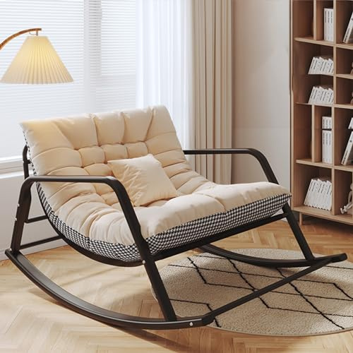 Schaukelstuhl für den Außenbereich, mit gepolstertem Sitz, für drinnen und draußen, Schaukelstuhl für Wohnzimmer, Kinderzimmer, Veranda, Garten, Hinterhof, stilvolles weißes Hahnentritt-Design