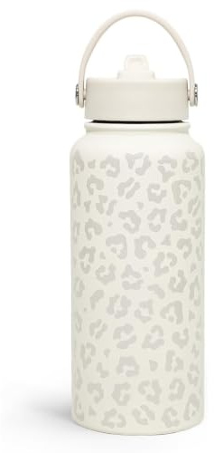 Bryxora Cream Leopard Insulated Water Bottle 950ml with Straw Lid | 24 Hours Cold, Iced for 48 Hours, Leakproof, BPA Free, Easy to Carry, Vacuum Insulated Double Walled Stainless Steel Flask