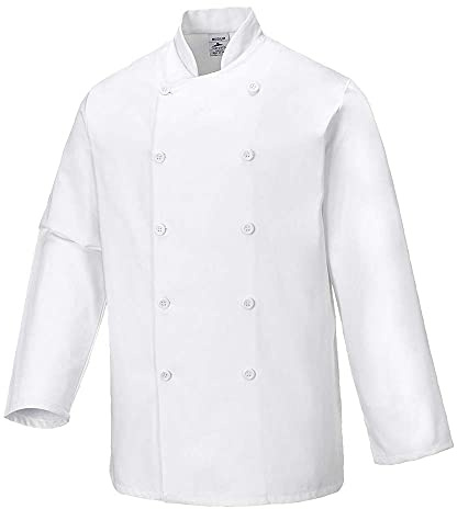 Portwest C836 Sussex Chefs Jacket Machine Washable Button Front | White, Small, Classic Fit, 100% Cotton, Mandarin Collar, Durable