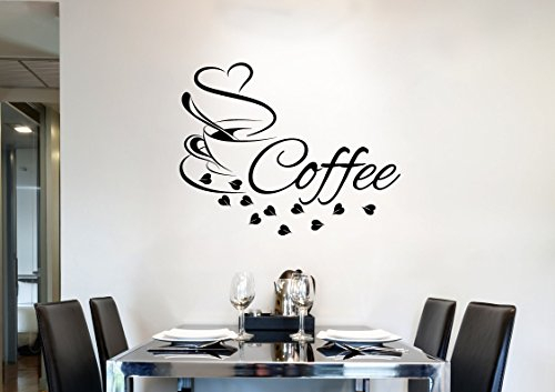 Grandora Wandtattoo Wort Coffee + Kaffeetasse Herz I schwarz (BxH) 43 x 34 cm I Kaffee Esszimmer Küche Sticker Aufkleber Wandsticker Wandaufkleber W3038