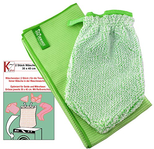 Jemako® Set grün Handschuh + Trockentuch 40 x 45 cm Fenster/Haushalt/Glas Plus 2 Stück K7plus® Wäschenetz/Wäschesack