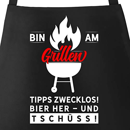 MoonWorks Grillschürze für Männer mit Spruch - Bin am Grillen - Schürze zum Grillen Baumwolle mit Tasche schwarz unisize